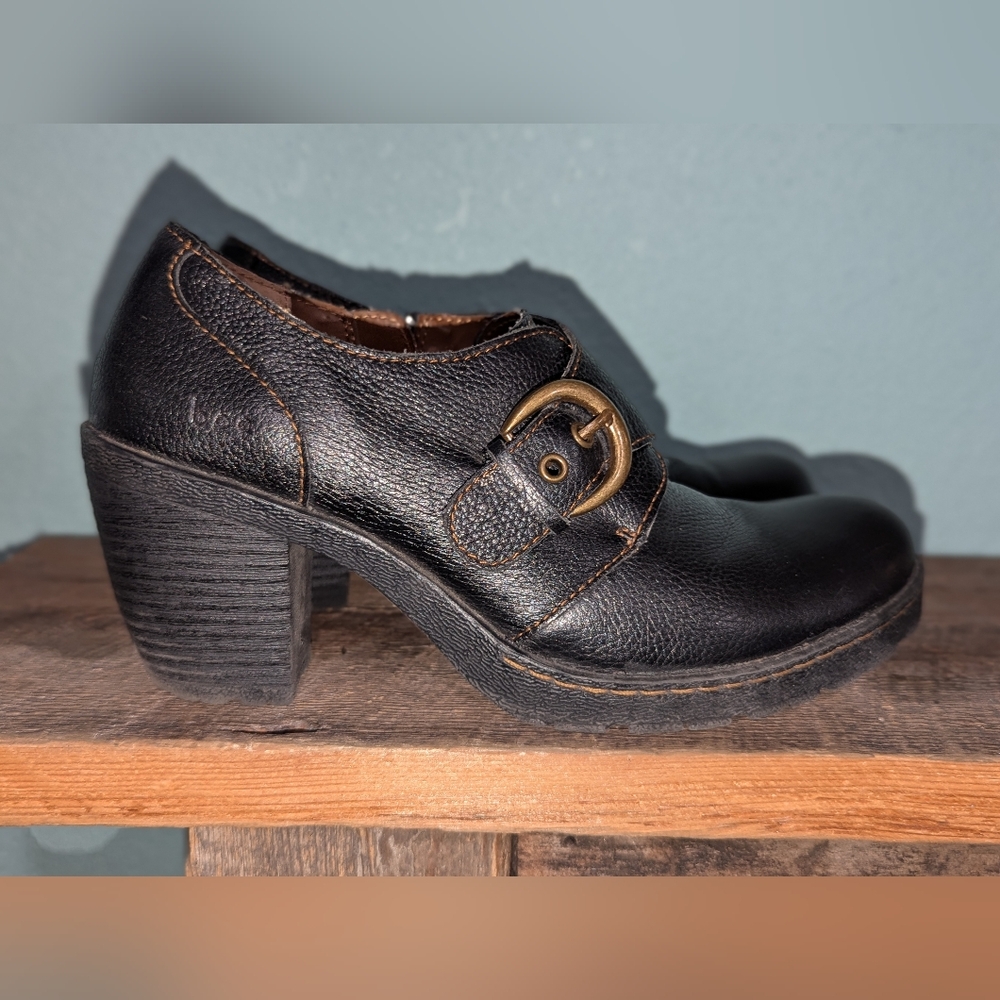 b.o.c. Black Leather Heeled Booties with Buckle